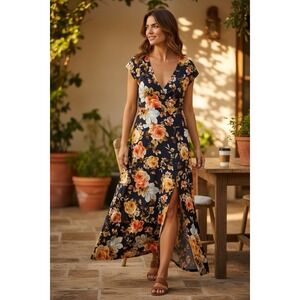 Velvet Torch Floral Print V-Neck Leg Slit Short Sleeve Maxi Dress Women's Sz XL